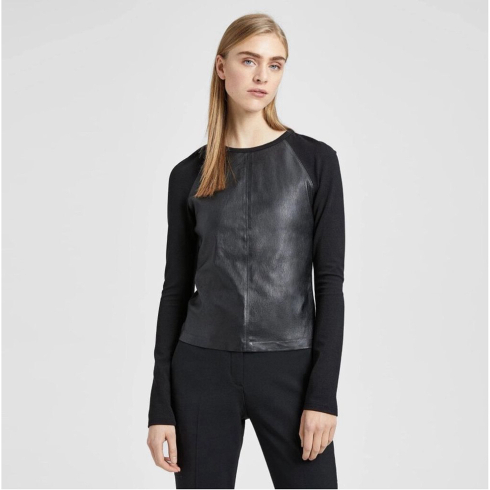 Theory Bristol Leather Raglan Top Black Knit Small